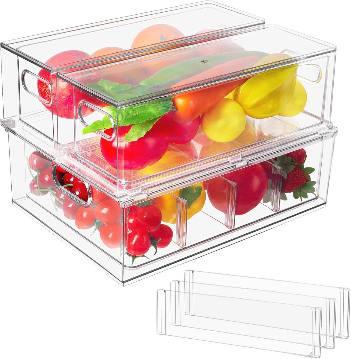 Set van 2 stapelbare keukenopbergladen - transparante koelkastlade organizer met handvat