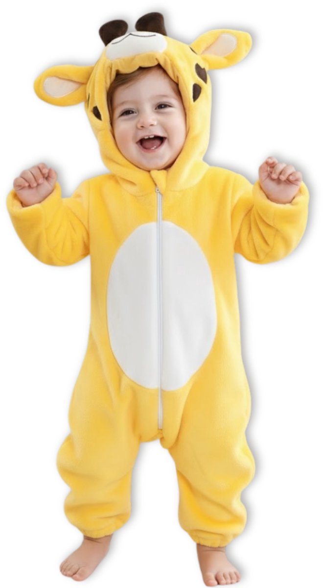 BoefieBoef Dieren Baby Onesie Peuter Pyjama Kinderen 6 maanden tot 2 jaar – Giraffe – Verkleedkleding met Luierrits – Carnaval Dierenpak - Kerst en Kraamcadeau - Zacht Flanel - Romper - Boxpak - Jongens - Meisjes - Kruippak - Winterpak - Geel Bruin