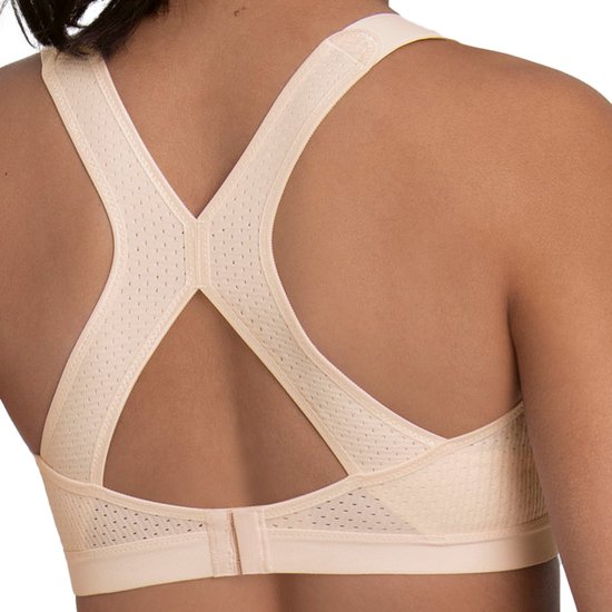 Nude sportbh met racerback, mesh details en verstelbare sluiting op de rug. Anita Active.