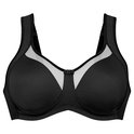 Zwarte sportbeha met u-vormige mesh details aan de bovenzijde van de cups.