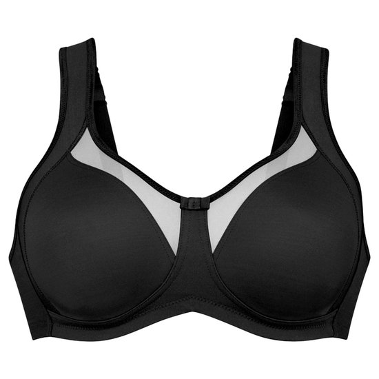 Zwarte sportbeha met u-vormige mesh details aan de bovenzijde van de cups.