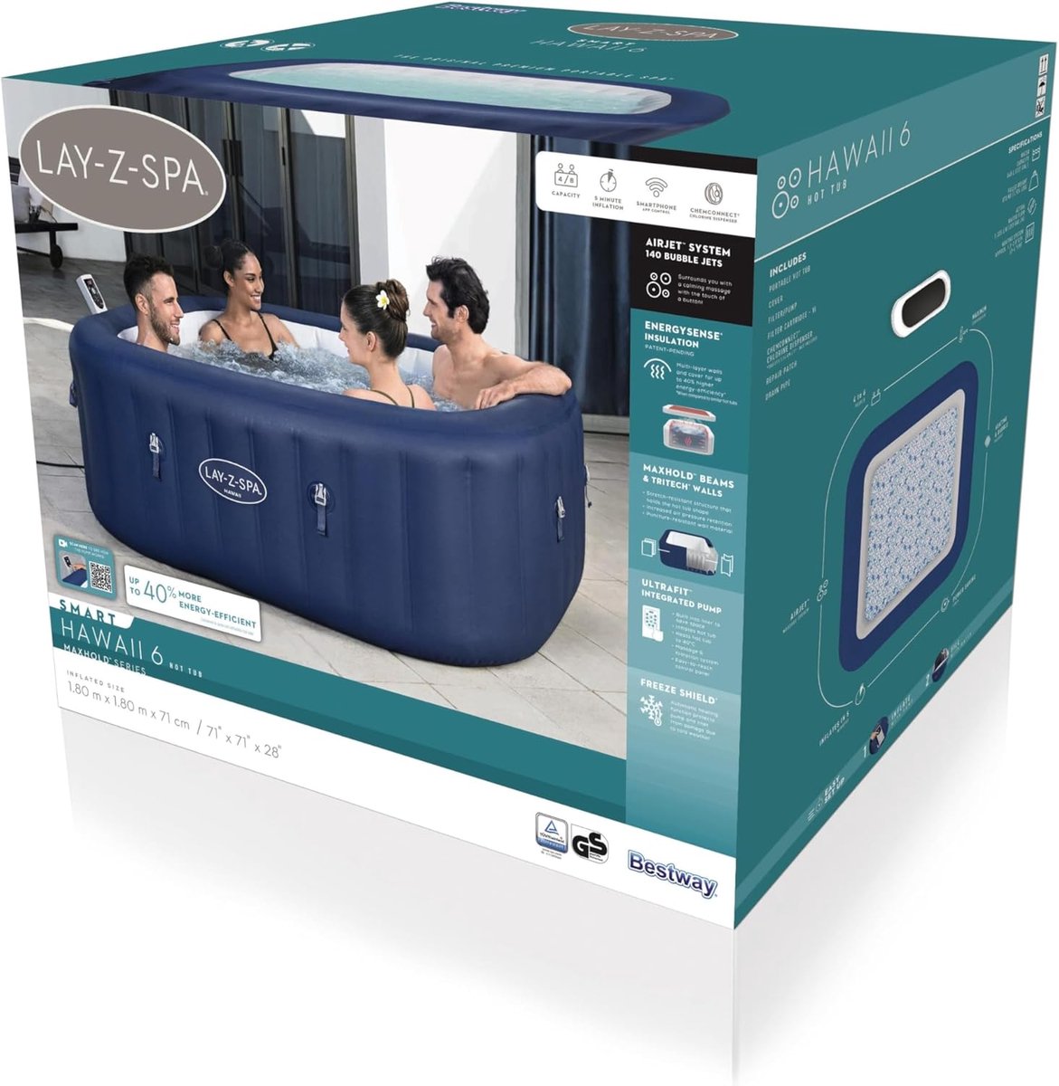 Opblaasbare Whirlpool – Altameubel Premium Hawaii AirJet™ Spa 6-Persoons – Energiezuinige Lay-Z Wellness Jacuzzi met App-Besturing & UltraFit™ Pompsysteem – 180x180x71 cm – 140 AirJets – Inclusief Thermo-Afdekking & Accessoires – Kobaltblauw