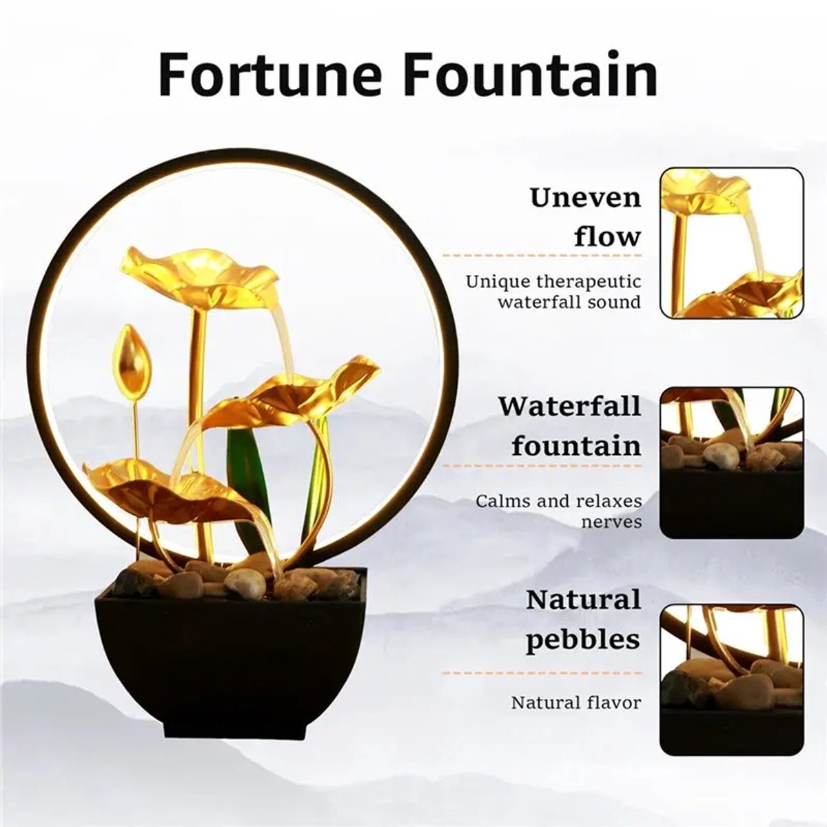 Moderne Lotus Waterval TafelFontein met LED LichtRing – 3-Lagen Waterornament van Metaal – Rustgevende Binnenfontein voor Woonkamer, Slaapkamer, Kantoor & Yoga – 22×13×28 cm thumbnail 4