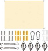 Beige rechthoekig zonnedoek 4x3m met bevestigingsmateriaal: schroeven, pluggen, karabijnhaken, D-ringen, spanners.