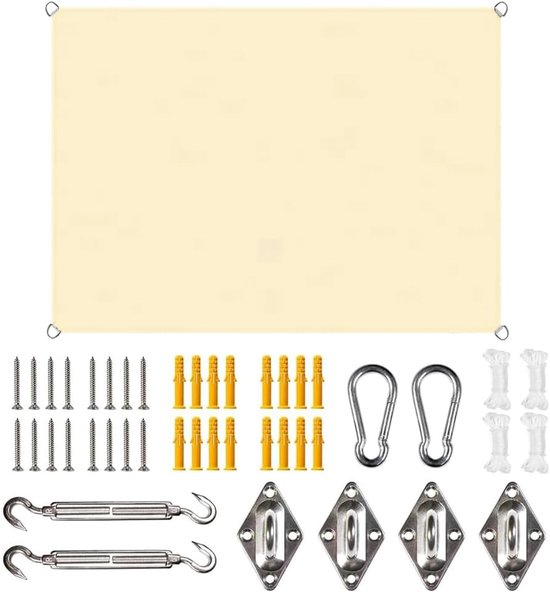Voile d'ombrage rectangulaire beige 4x3m avec matériel de fixation : vis, chevilles, mousquetons, anneaux en D, tendeurs.