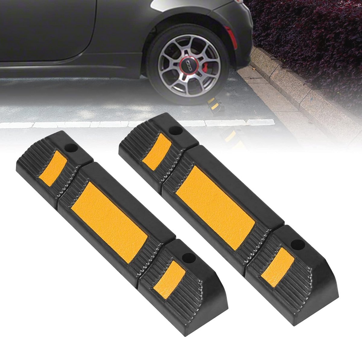 Rubberen Wielstop voor Parkeerbegrenzing - Garagestopper met Reflecterende Strepen - 60 x 12 x 10 cm - Set van 2