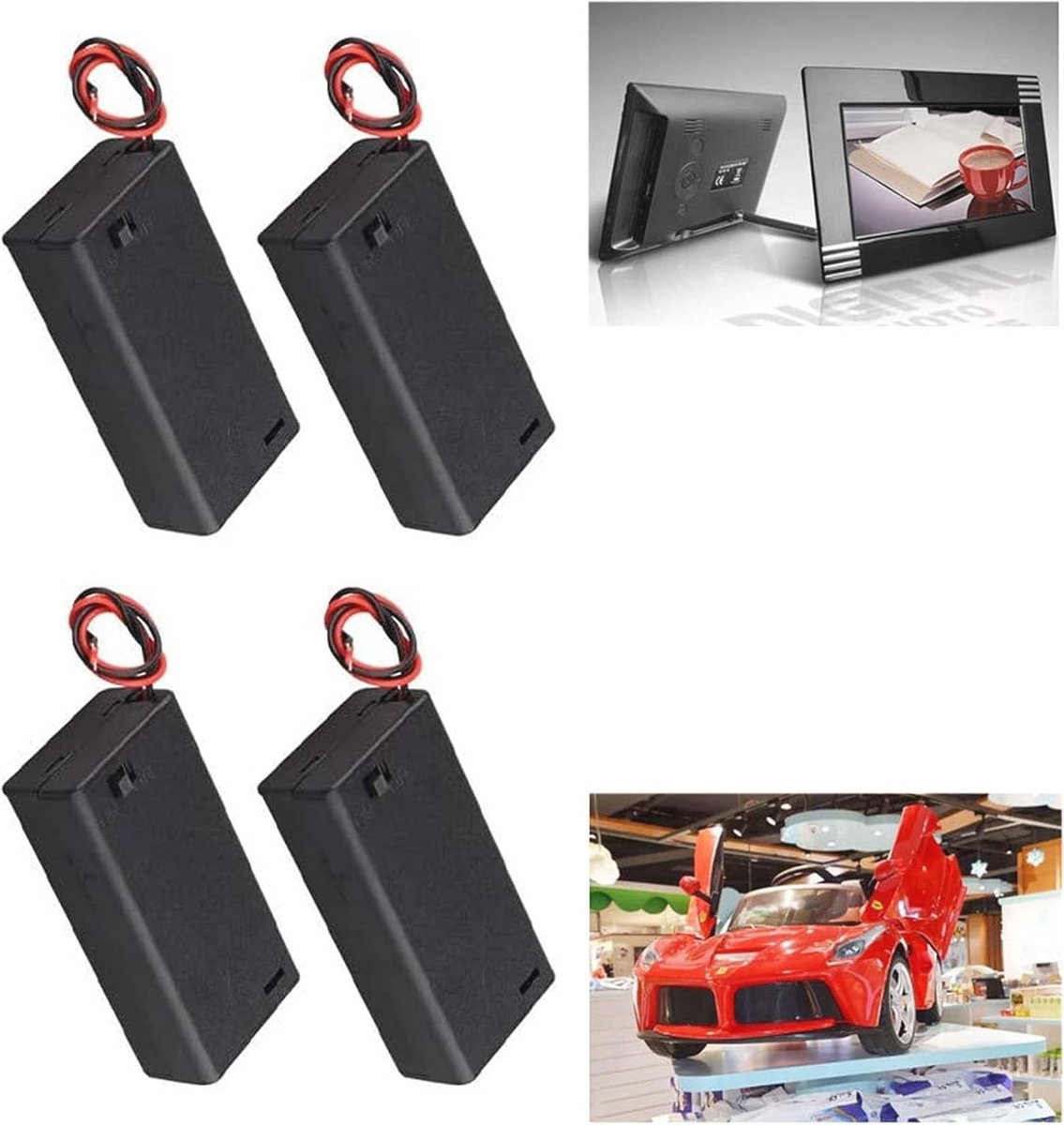 Set van 4 AA-batterijhouders met aan/uit-schakelaar en aansluitkabel