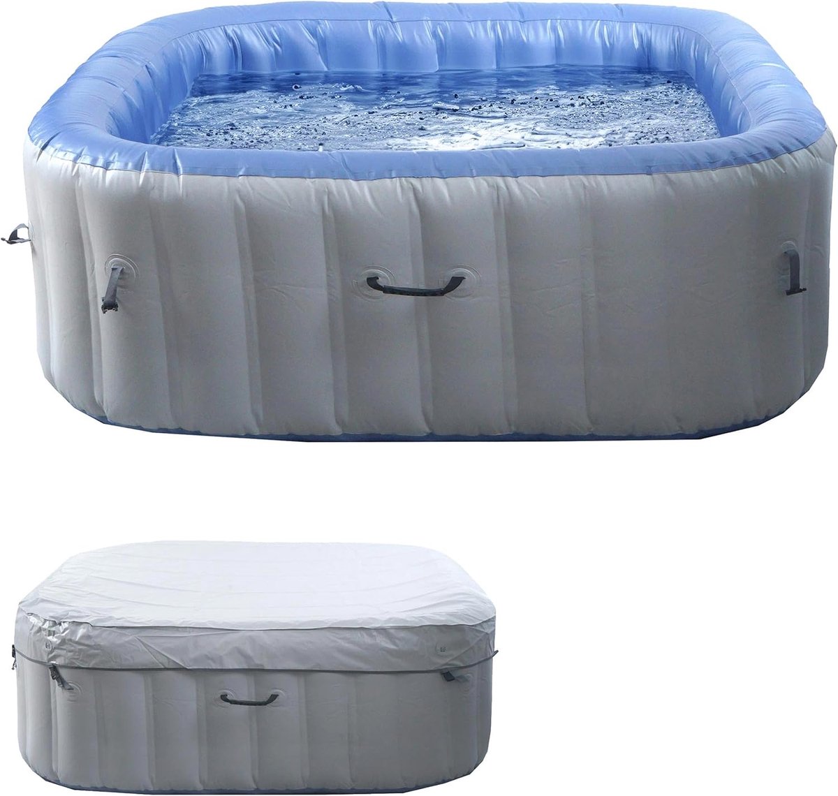 Opblaasbare Whirlpool Jacuzzi voor 6 Personen – Altameubel Luxe SpaPool 198×198 cm – Binnen & Buiten – PVC Gelamineerd – Vierkant – Inclusief Afdekking – 1148 Liter – Grijs/Blauw