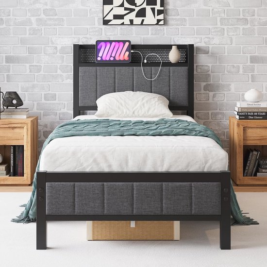 MAHANCRIS Bedframe 90 x 200 cm, bedframe met laadstation en ledstrip