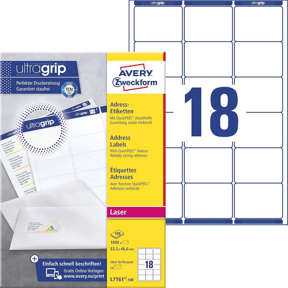 Adreslabels A4 met Ultragrip - Zelfklevend, 63,5 x 46,6 mm, 1800 Stuks