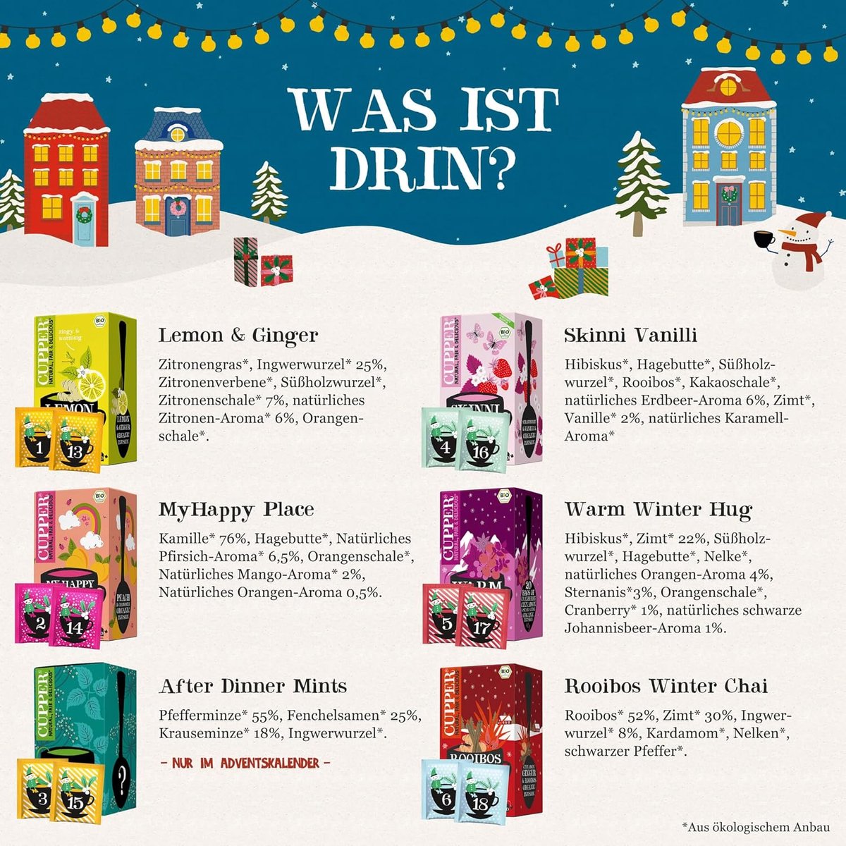 Biologische Thee Adventskalender 2025 – 24 Theezakjes – 2 x 12 Varianten met Twee Exclusieve Smaken – Kerstcadeau Zonder Chocolade – Perfect voor Theeliefhebbers – foto 3