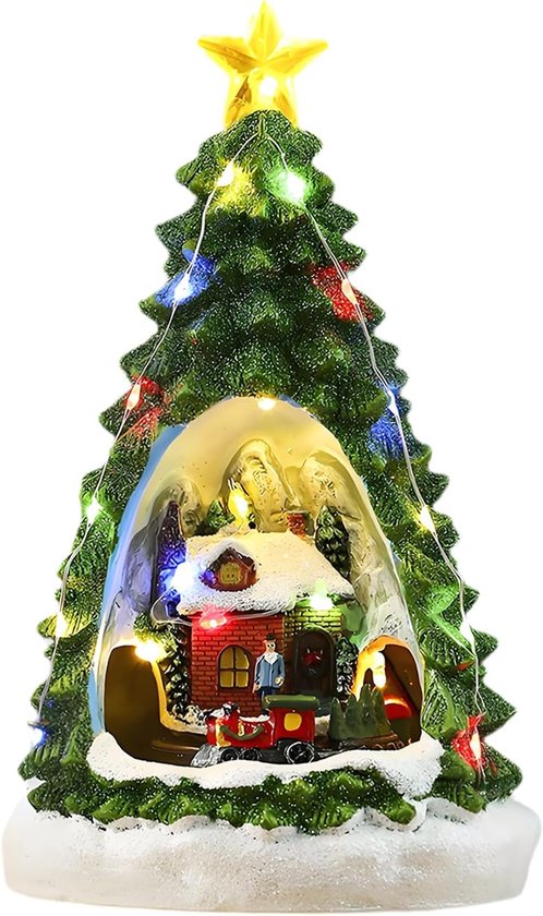 Kerstdorp met muziek en verlichting - draaibaar en lumineus resin kerststadje met trein - kerstdecoratie - huizen met beweging