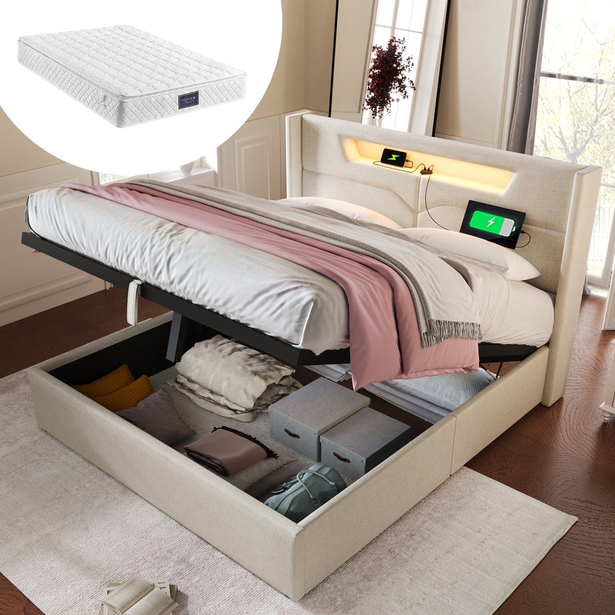 STILVORA Gestoffeerd Bed 160x200cm - Bed met USB-C, LED en 7-Zone Matras - Praktisch Opbergbed - Linnen - Beige