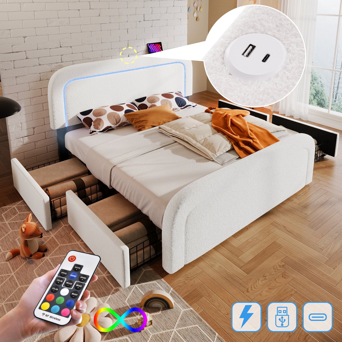 STILVORA Gestoffeerd Bed 140x200 cm - Tweepersoonsbed Met LED Verlichting En USB Oplaadfunctie - Opbergruimte Met 4 Lades - Sherpa - Wit