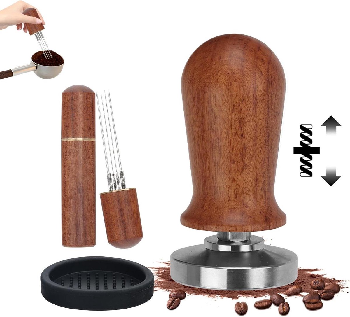 CSGoods - Set van 3 espressostampers met houten handvat en WDT gereedschap, inclusief siliconen mat, roestvrij staal, eenvoudig drukken