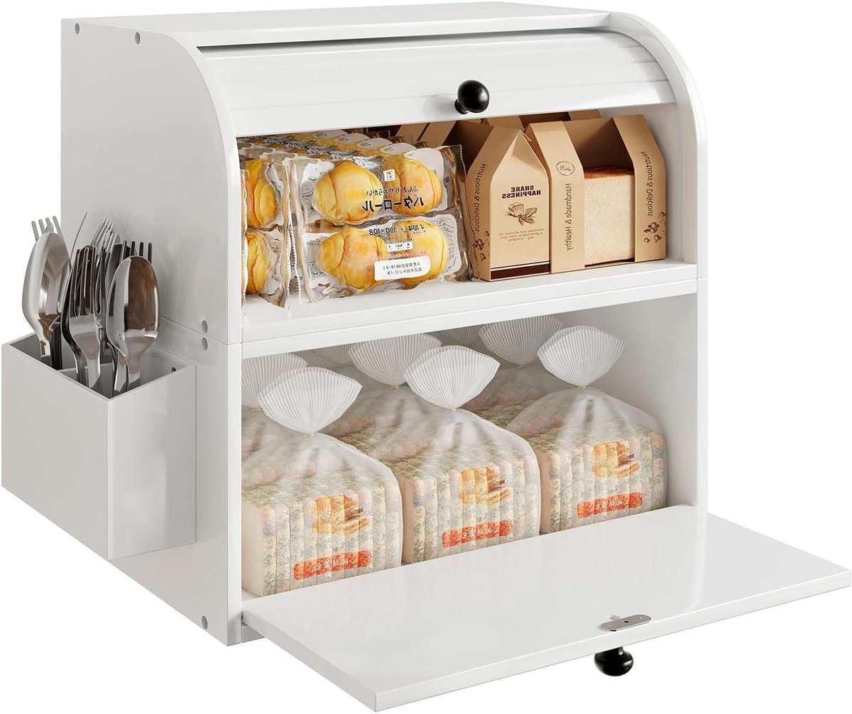 CSGoods - Brooddoos voor opbergen brood in keuken - dubbellaags - bamboe - zilverwerkhouder - wit.