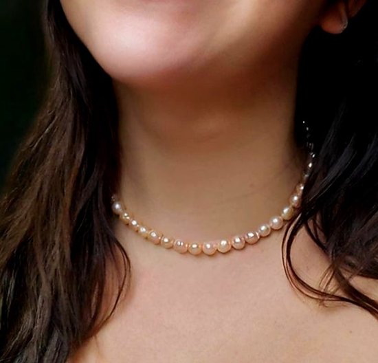 Collier de perles - Perles d'eau douce roses - Choker - Argent sterling 925 - Collier court femme - fait main