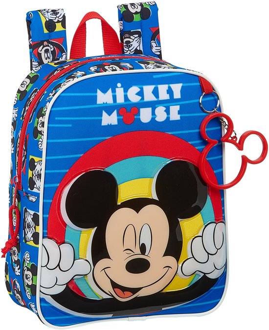 Blauwe rugzak met Mickey Mouse print, rode cirkel achter Mickey. Afmeting 27cm hoog, 22cm breed, 10cm diep.