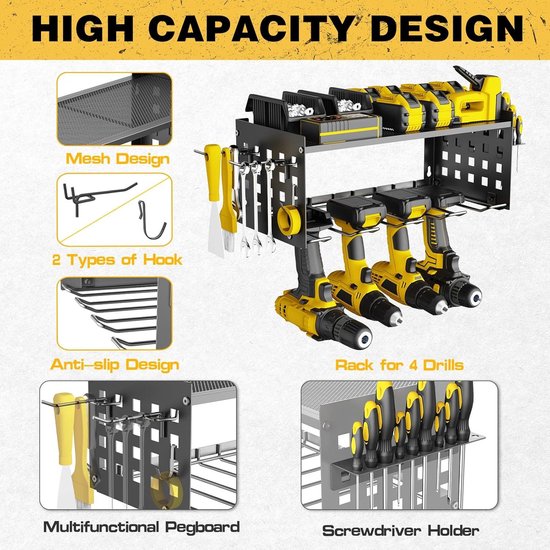 Mutool Power Tool Organizer Opbergrek Muur Mount Boorhouder voor 4 Power Boor Gereedschappen, Mesh Anti-Drop Ontwerp, Gereedschap Rekken met Zijschroevendraaier Rack en Haken voor Garage, Werkplaats