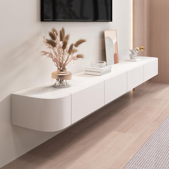 Sierra TV Meubel, Zwevende tv-standaard, aan de muur gemonteerde tv-planken met deurtjes, tv-mediaconsole, zwevende tv-kast met grote tv-plank voor onder de tv, wit, 140 cm