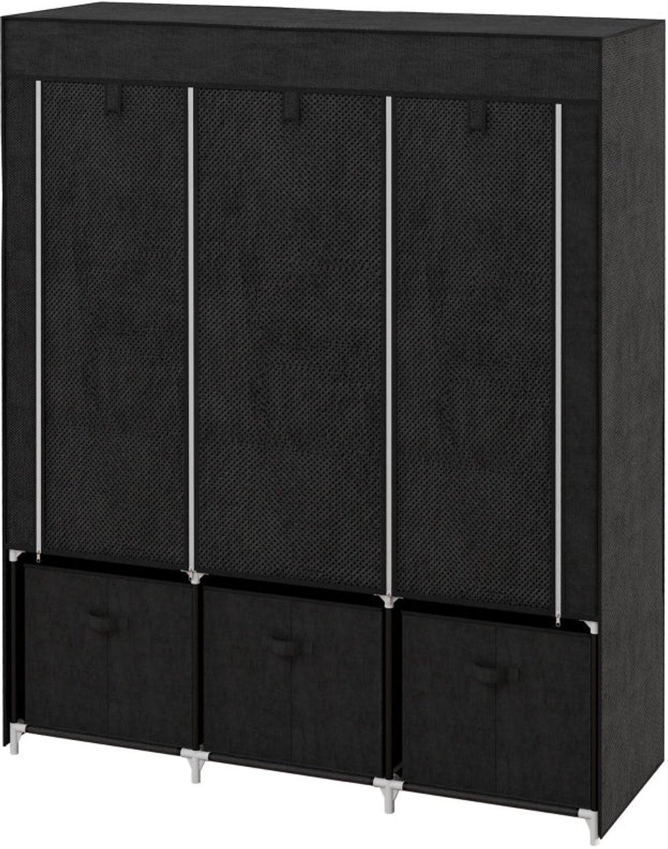 Merax Stoffen Kledingkast – Vouwkast met 3 Opberglades – 2 Kledingstangen & 5 Legplanken – Textielkast 125×43×162,5 cm – Zwart