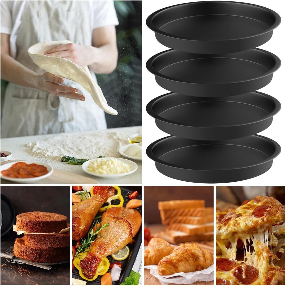 Stunq® Pizza bakplaat Ø 20 cm, set van 4 pizzaplaat roestvrij staal, ronde pizzaform, niet gecoat voor bakken, niet giftig en eenvoudig te reinigen