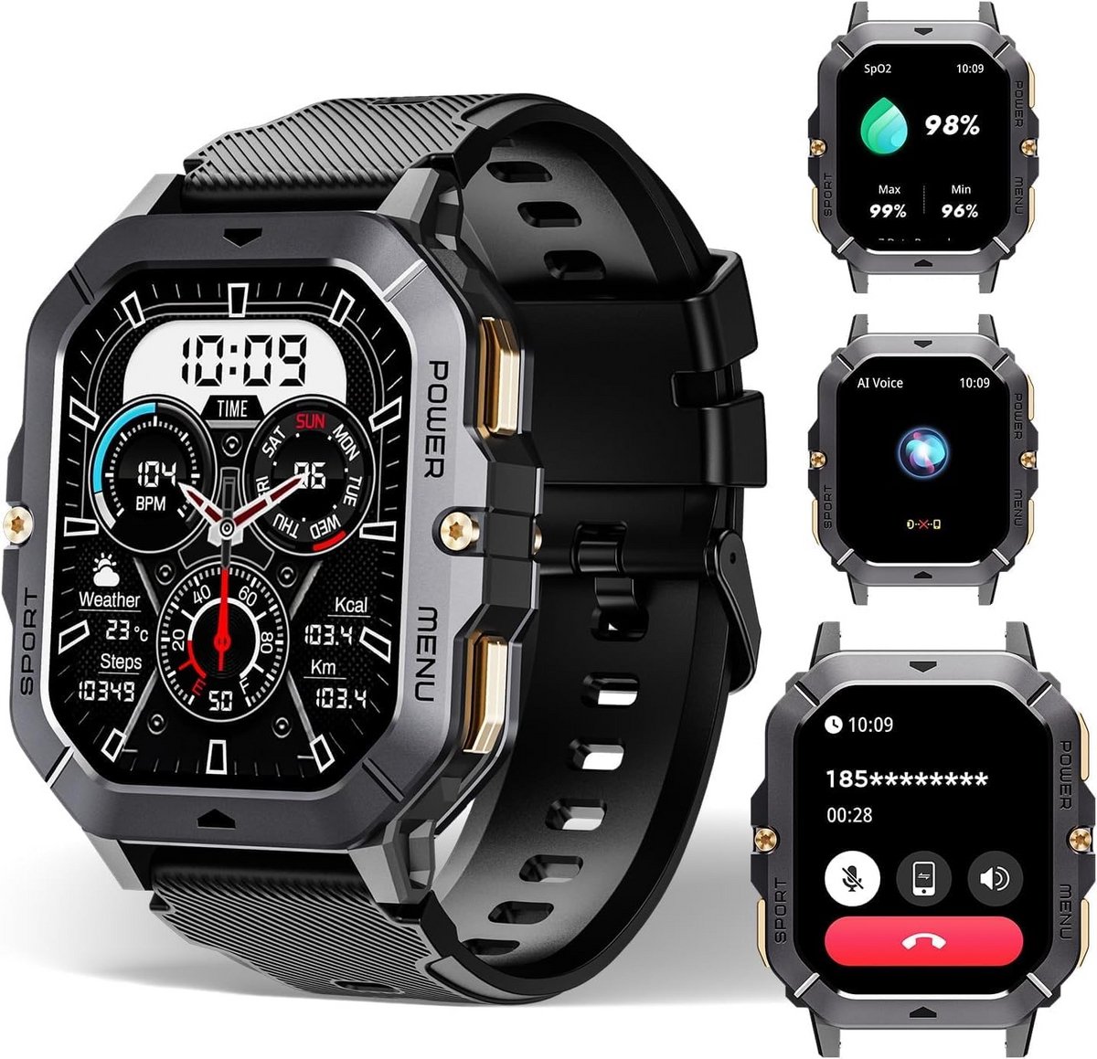 Smartwatch voor Heren met 100 Sportmodi, 5 ATM Waterdicht en Hartslagmeter