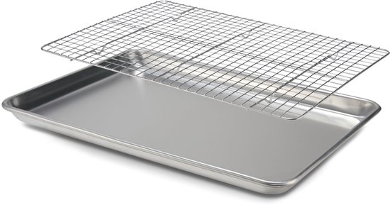 Foto: Ovenplaat met afkoelrooster 45x33 cm bakplaat met afkoelrooster voor bakken braden en serveren ovenschaal en taartrooster aluminium