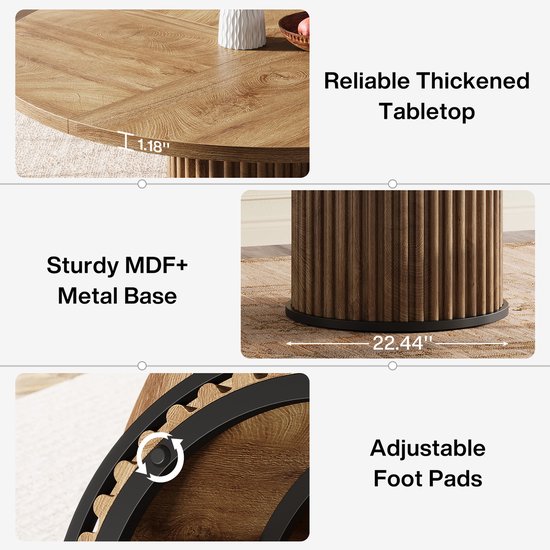 Gedetailleerde afbeelding van een ronde eettafel met afmetingen en kenmerken.