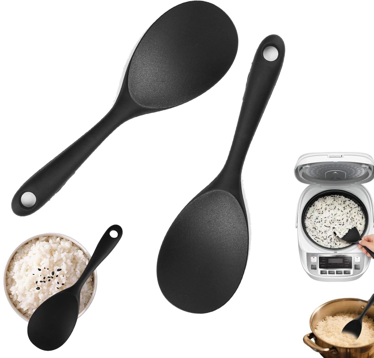 2 stuks zwarte rijstkoker met anti-aanbaklaag, rijstlepel, serverlepel siliconen met gat om op te hangen, lange resterlepel, multifunctionele lepel voor aardappelpuree, rijst, rijstkoker