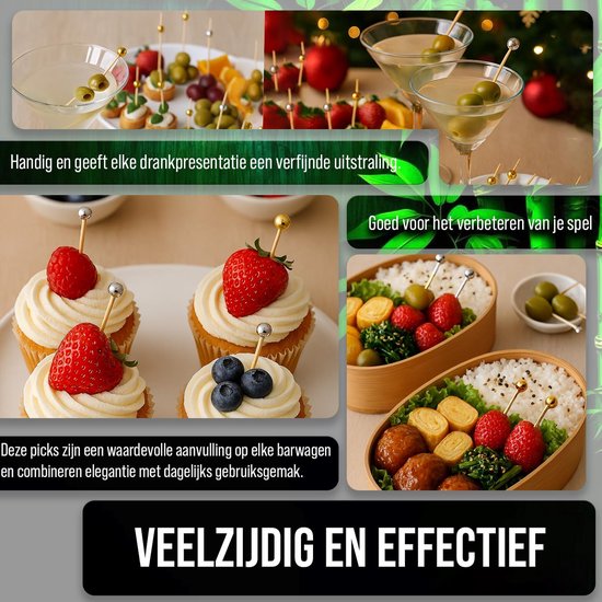 100 stuks cocktailprikkers, bamboe tandenstokers gouden kralen cocktailprikkers eten fruit cocktail tandenstokers voor feestbenodigdheden, drankjes, hapjes, fruit, hamburgers (12 cm/4,7 inch