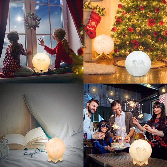 Gepersonaliseerde Maanlamp 3D Geprint met Foto, USB Oplaadbaar Nachtlampje met Houten Standaard en Touch Control van Merkloos — afbeelding 3
