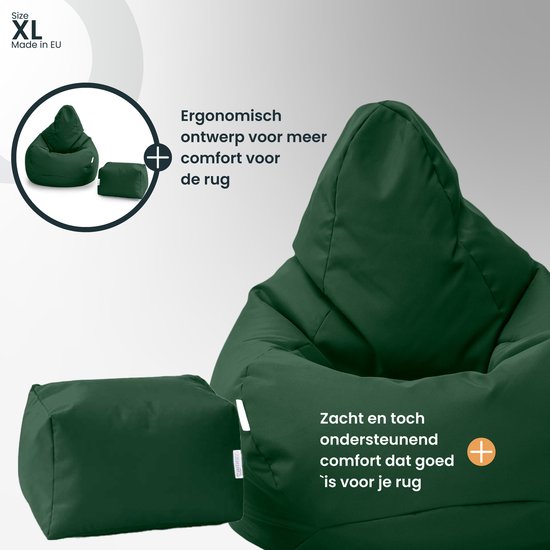 XL zitzak en voetenbankje in donkergroen, ergonomisch ontwerp voor comfort.