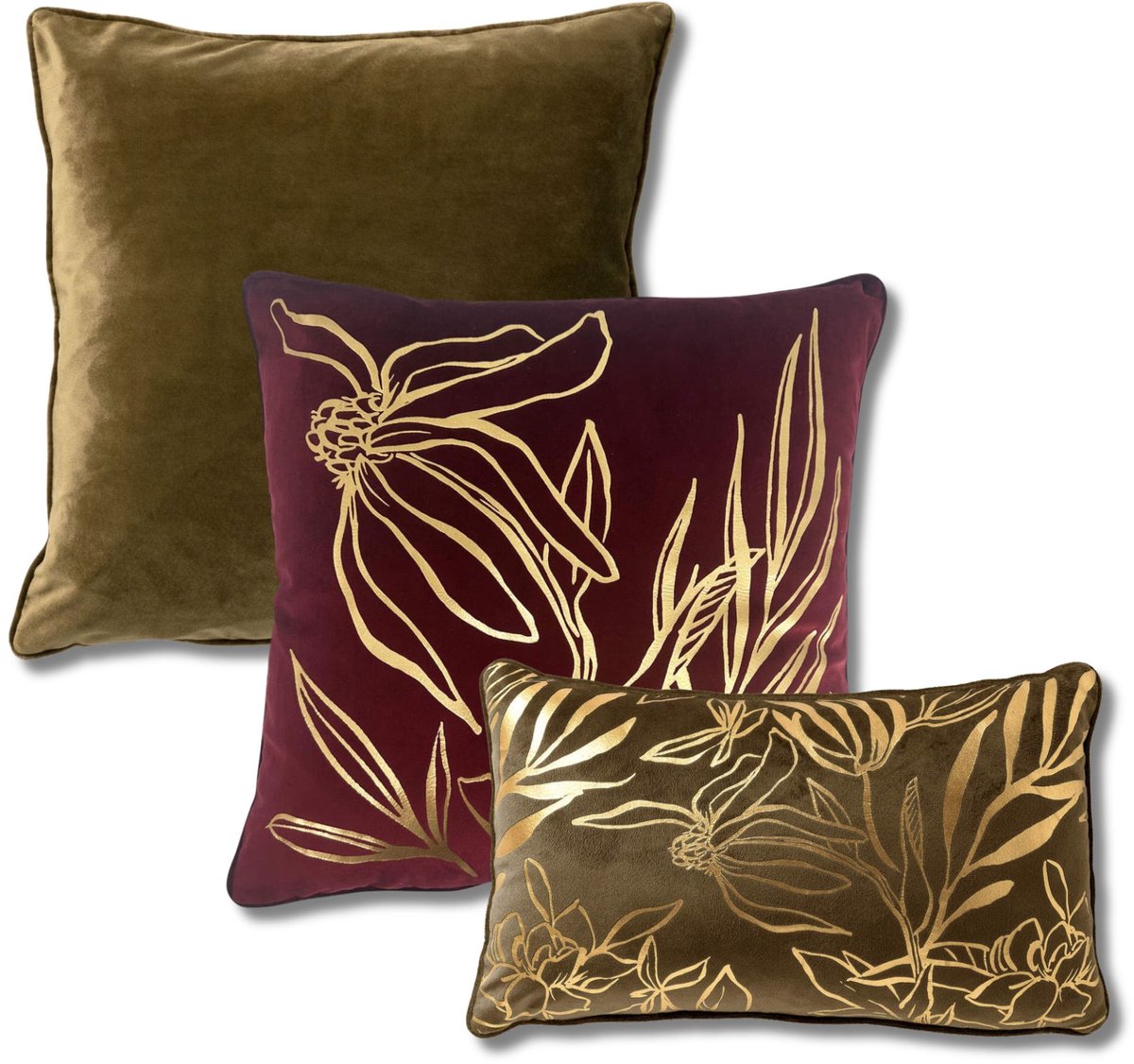 Dutch Decor KUSSENSET - 3-delig - Lonneke - 45x45 cm, 30x50 cm - inclusief binnenkussens - groen, rood - Met Ritssluiting – Decoratie set sierussens - Comfortabele kussentjes voor op de Bank