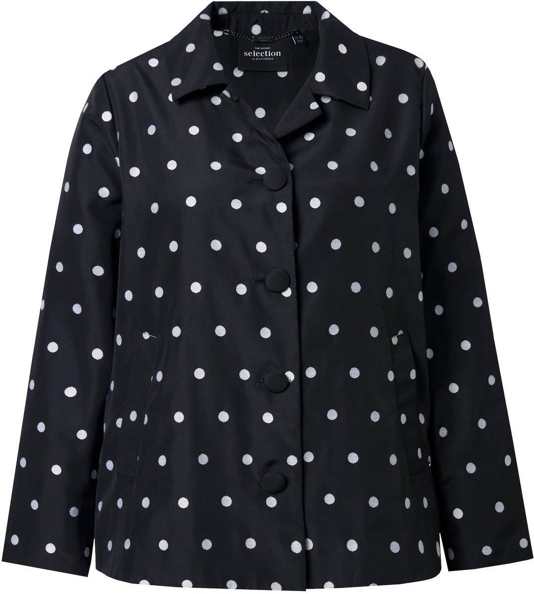 Ulla Popken - Dames - Jacquard jas stippen A-lijn overhemdkraag lange mouwen - Zwart - Maat 58+