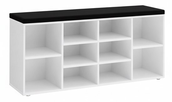 ACAZA Schoenenkast - Schoenenrek - Schoenenbank - Met Zitkussen - 10 Vakken - 104 x 30 x 50 cm - Wit/Zwart