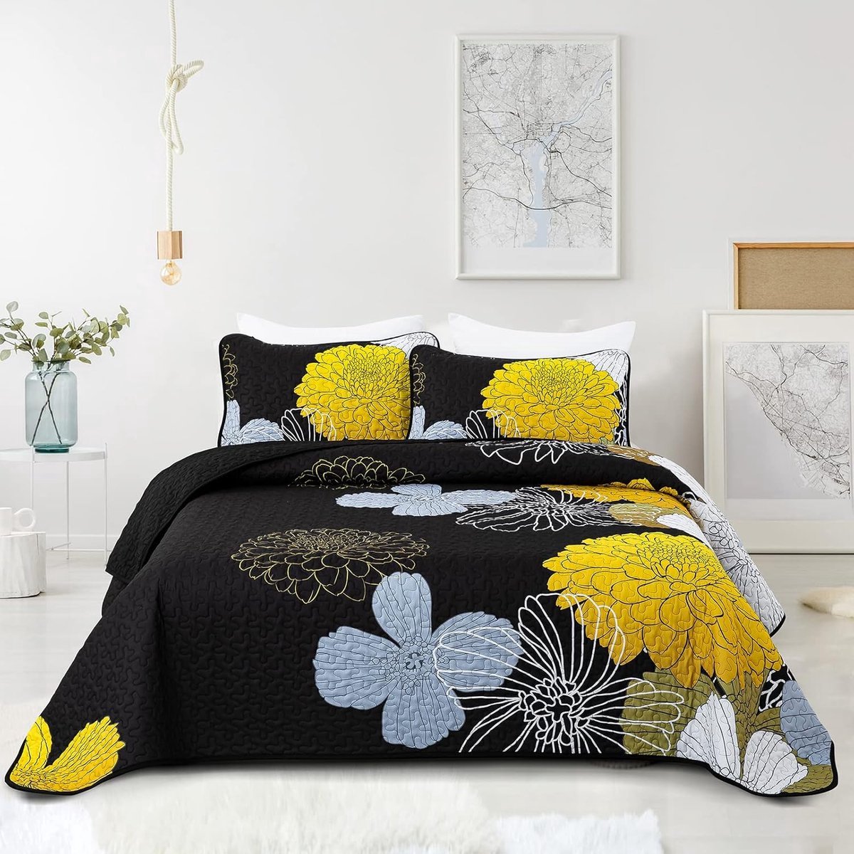 Stunq® Sprei 240 x 260 cm, geelachtig zwart, bedsprei, zachte zomerdeken, gewatteerde deken voor tweepersoonsbed, microvezel, dekbed met 2 kussenslopen, 48 x 75 cm