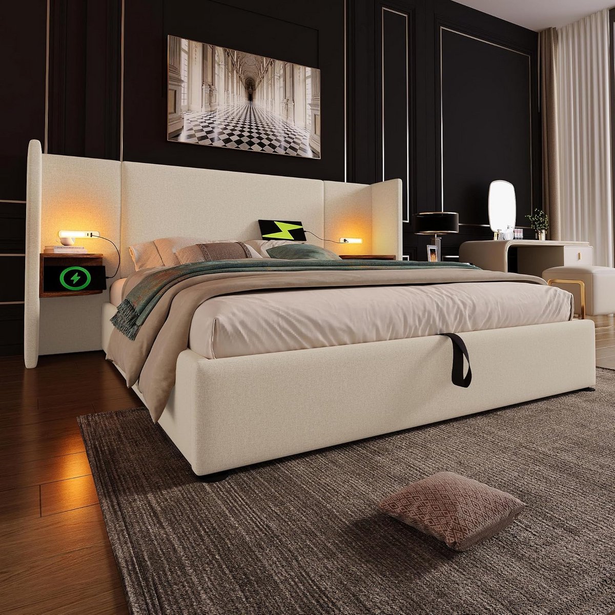 Gestoffeerd Tweepersoonsbed 160x200 cm met Nachtkastjes, Leeslamp en USB-C Oplaadpunt