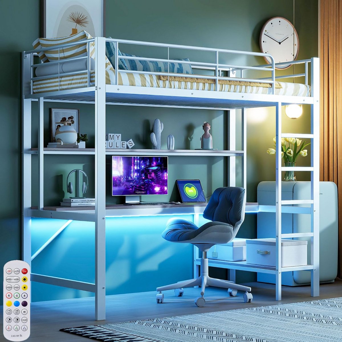 Hoogslaper 90x200 cm met Bureau, Planken, LED & USB-aansluiting - Kinder- en Tienerbed Wit