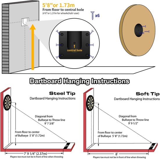 Dartbord-houder, wandophangset, dartbord-ophangset, stalen dartbord, ophangmontagehouder, dartbord wandhouder voor stalen dartboards (met schroeven, EVA-kussen