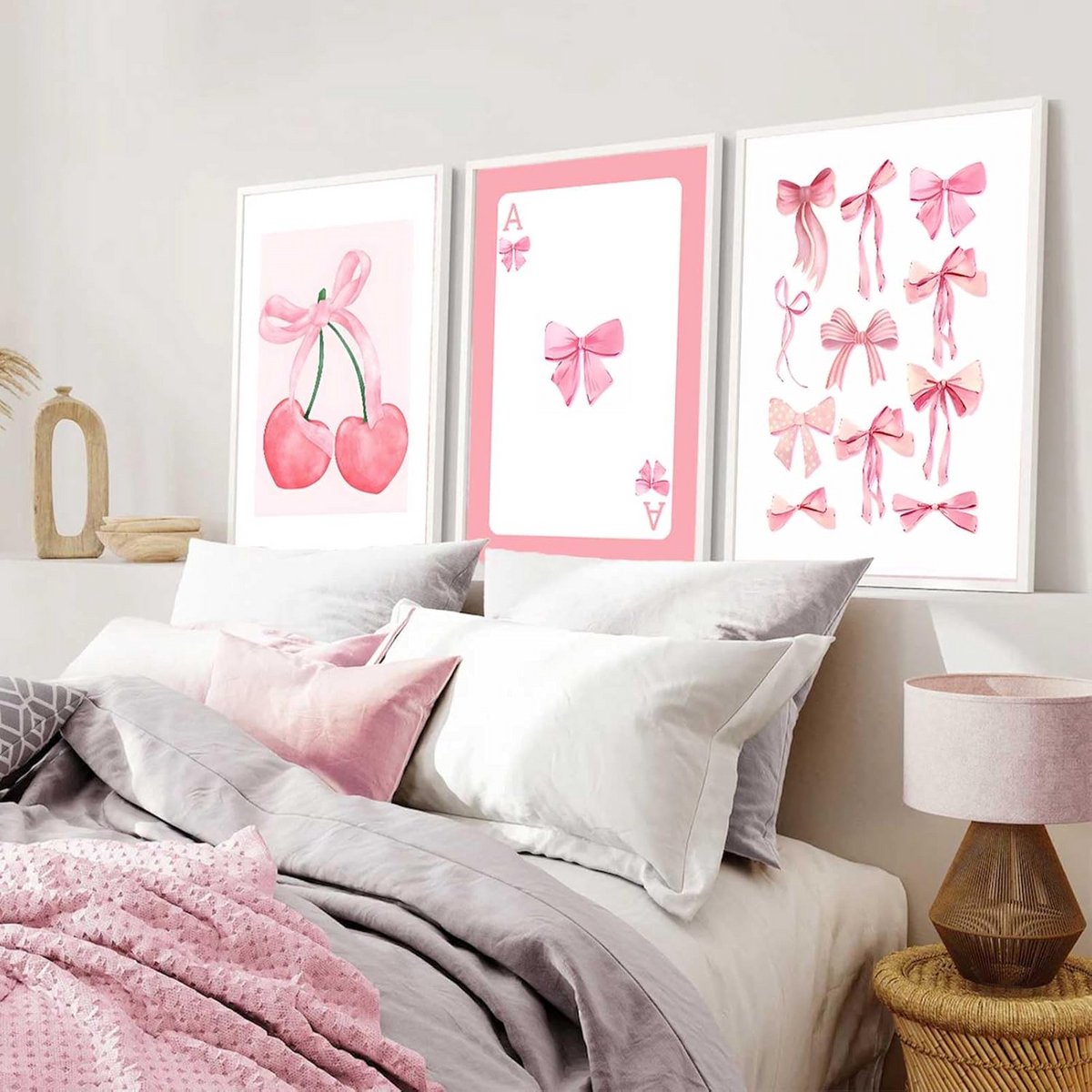 3-Delige Set Roze Strikken Wanddecoratie Trendy Preppy Aquarel Canvas Posters voor Meisjeskamer of Studentenflat