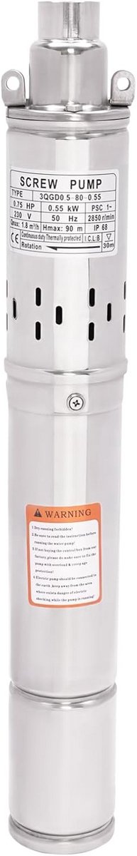 3 Inch Diepe Bronpomp RVS 550W - 1800 L/U - 90m Opvoerhoogte - Dompelpomp voor Bronwater en Irrigatie