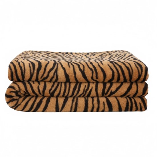 Bellatio design Fleece dekentjes met dierenprint - bruine tijger print - 120 x 160 cm - warme plaid