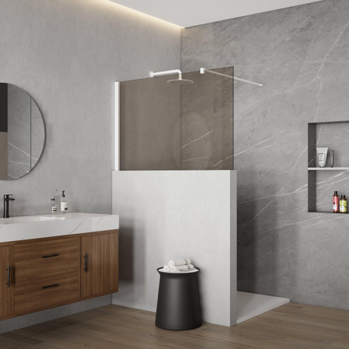 FugaFlow Eccelente Vetro Halfhoge Inloopdouche - 110x80cm - rookglas - 8mm - nano - met profiel en stabilisatiestang - Mat Wit