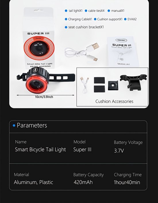 TWOOC Smart Bike achterlicht, automatisch start-stop remgevoelige LED achterlicht, oplaadbaar — afbeelding 2