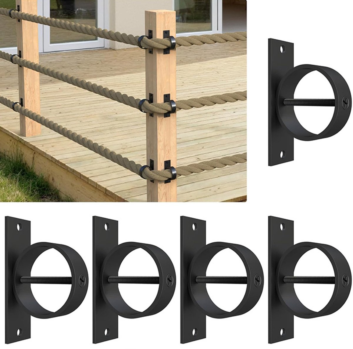 Touw Hek Beugels - Rope Brackets - Touw Bevestigen Buiten - Roestvrij Staal - 5 Stuks - Zwart