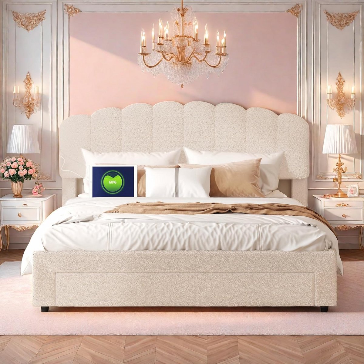 Tweepersoons Bed 140x200 cm Beige Gestoffeerd met Opberglades en USB-aansluiting