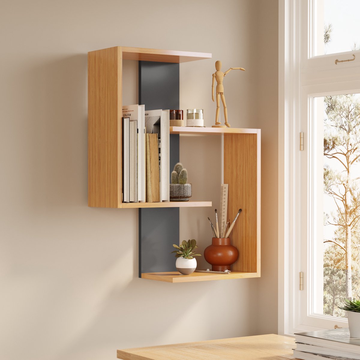LUNOR® Lisbon – Wandplank – Wandrek met 3 Planken – Wandschap – Boekenrek Wand – Wandkast – Bamboe/Antraciet – 85x64 cm