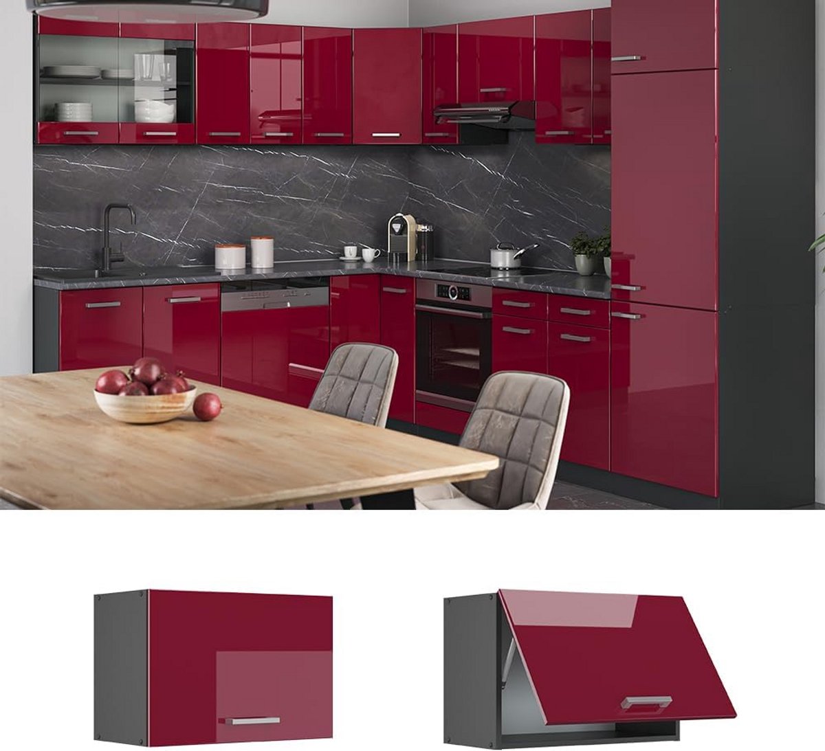 Wandkast voor Afzuigkap 60 cm Antraciet Mat met Bordeaux Hoogglans Deur