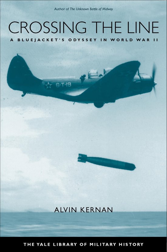 Boekomslag: Vliegtuig uit WO II met bom, titel 'Crossing the Line', auteur Alvin Kernan.